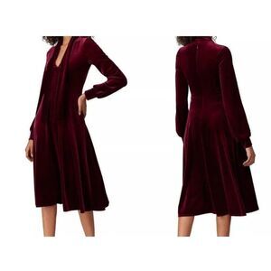 Black Halo Ruby Tie-Neck Stretch Bishop Sleeve Velvet Burgundy Dress Sz 2
